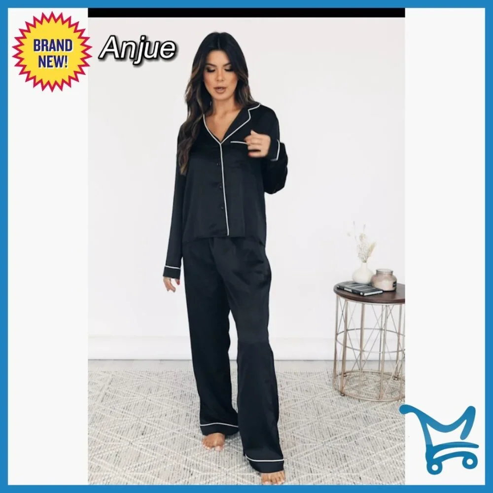 Long Sleeve Pajama Set with Button-Up Shirt and Drawstring Pants, Loose Fit